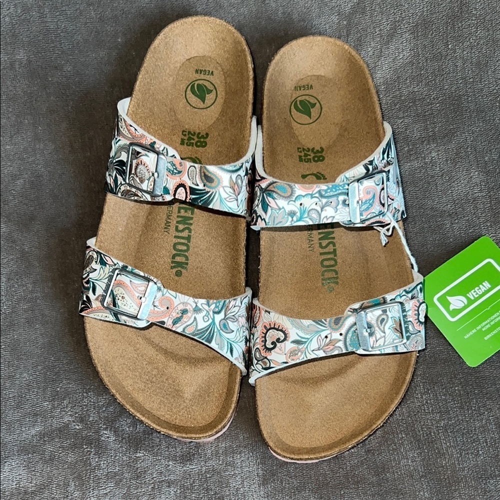 Birkenstock Green and White‎ Sandals with Cork Footbed